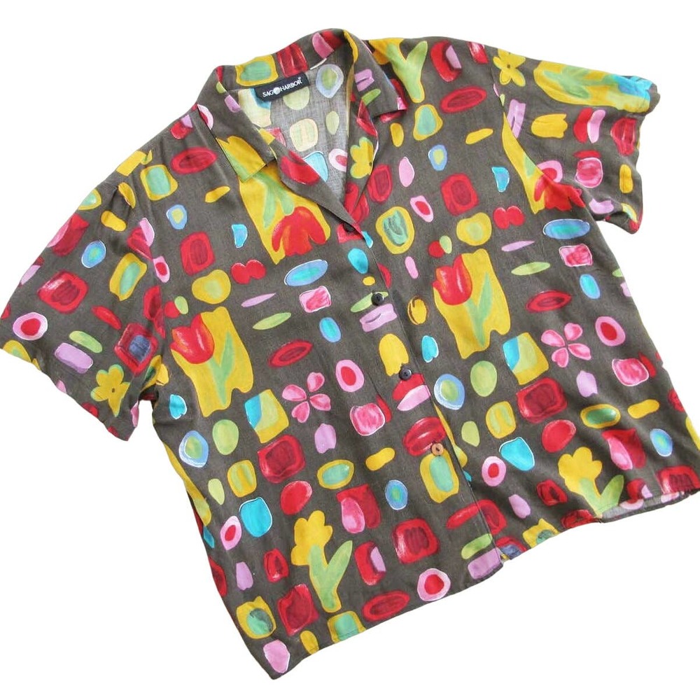 Vintage 90s Floral Shapes Button Up Shirt M L Oversized Baggy